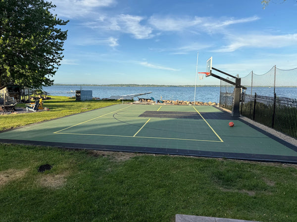 HEXPRO Sport Tile Basketball Court in Heritage Green & Phantom Black colors with additional pickleball game lines.